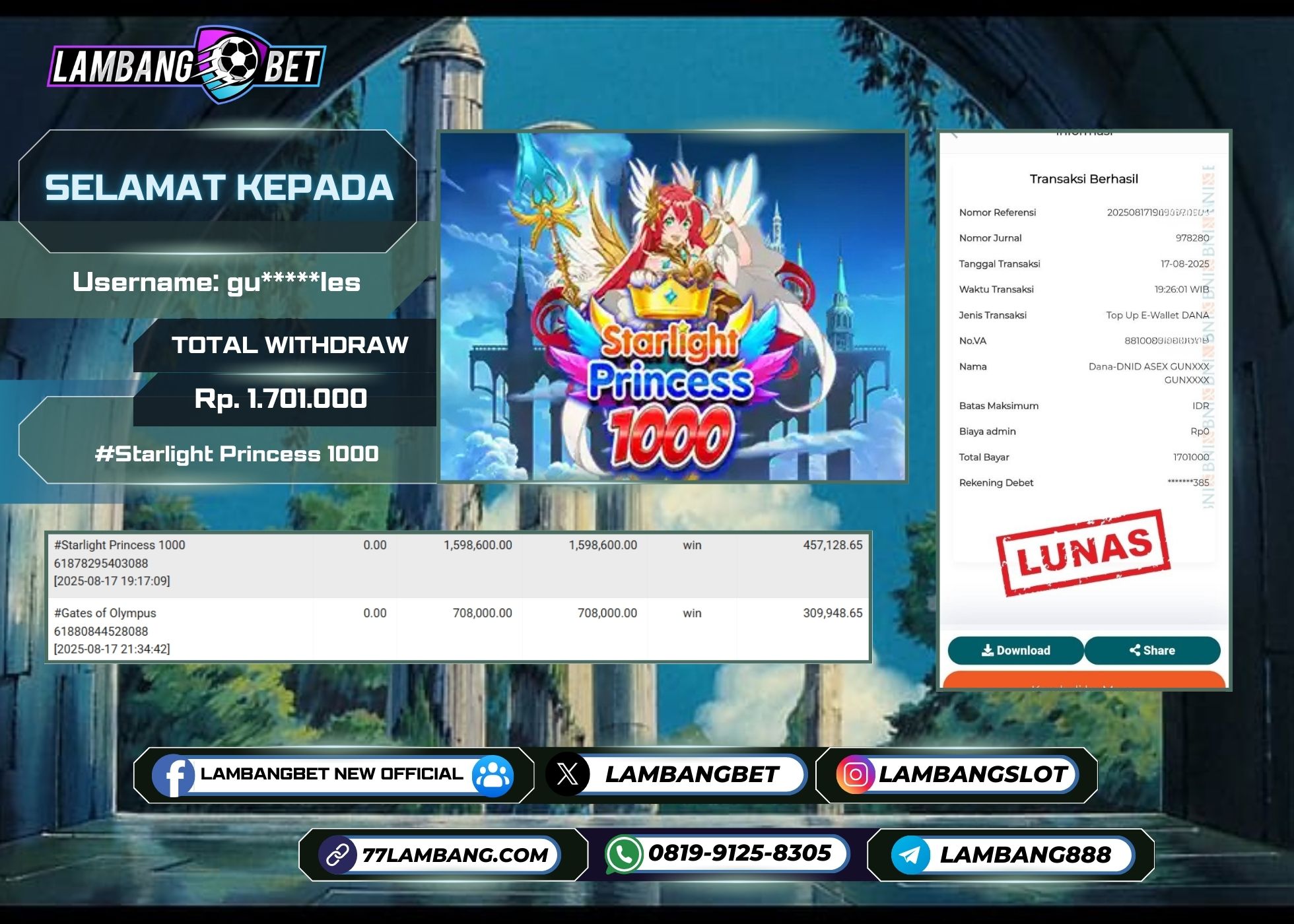 LAMBANGBET [17 AUGUST 2025] JACKPOT SLOT Starlight Princess 1000 "Rp1.701.000" LUNAS
